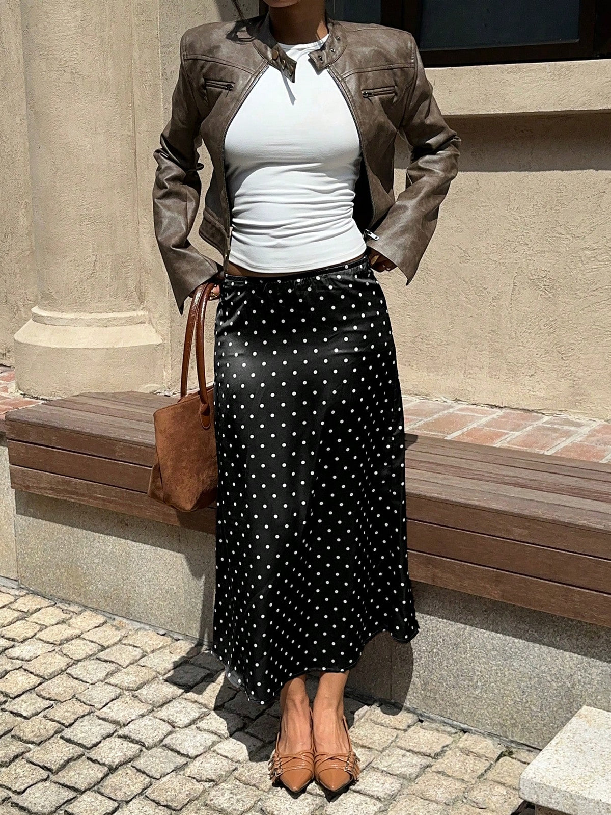 EZwear Fashionable Casual Black Satin Polka Dot Skirt For Women Long Skirt Maxi Skirt Black And White Skirt Black Polka Dot Skirt