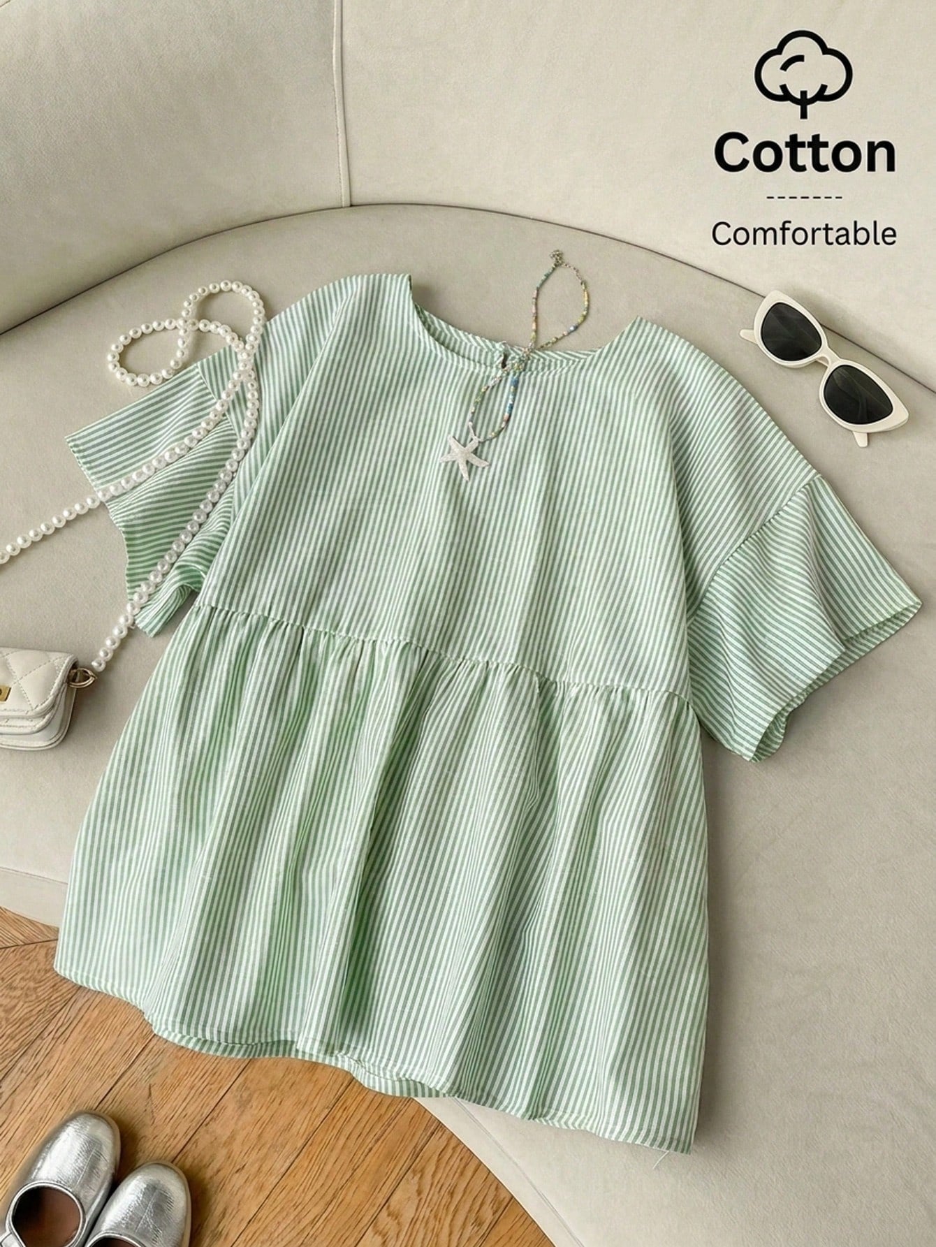 EZwear Green Striped Woven Women's Shirt,Summer Top