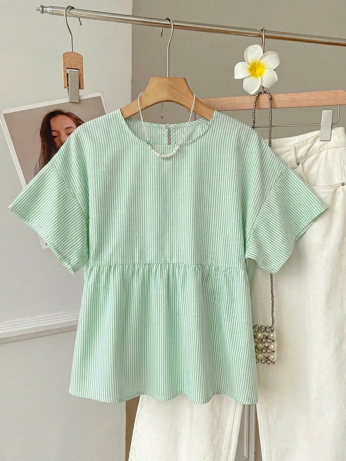 EZwear Green Striped Woven Women's Shirt,Summer Top