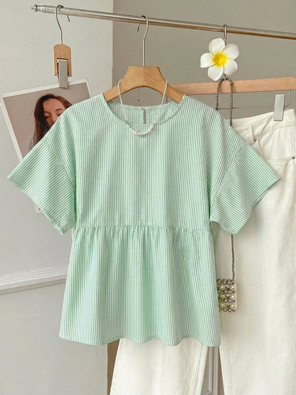 EZwear Green Striped Woven Women's Shirt,Summer Top