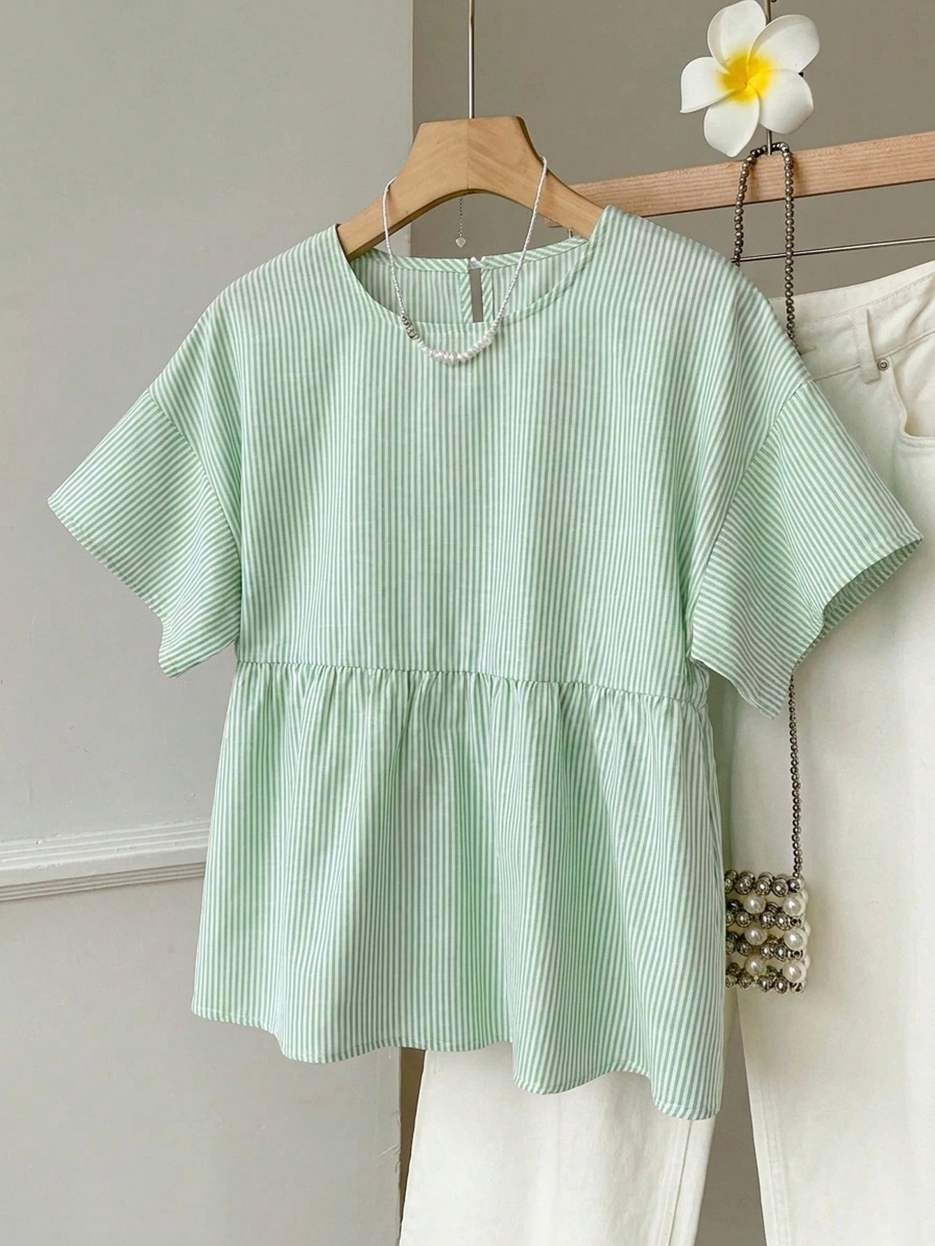 EZwear Green Striped Woven Women's Shirt,Summer Top