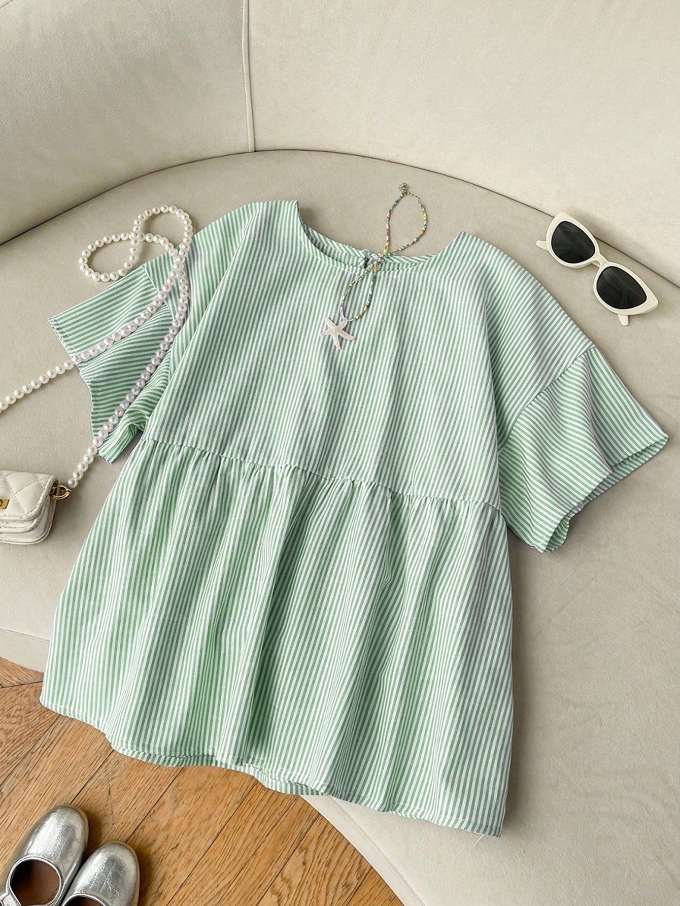 EZwear Green Striped Woven Women's Shirt,Summer Top