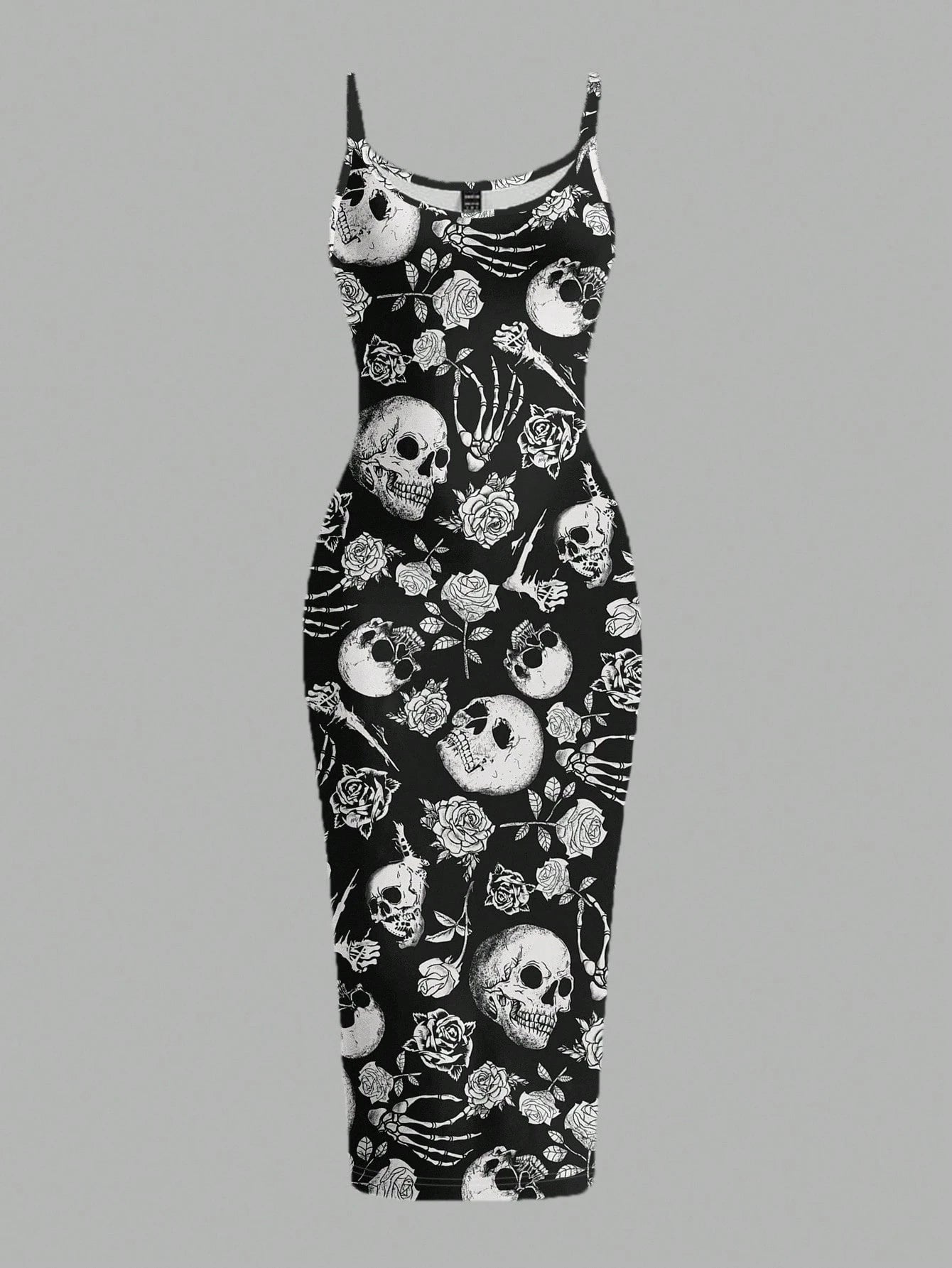 EZwear Halloween & Day Of The Dead Black N White Skull Rose Bodycon Slip Dress,Summer Goth Full-Length Midi Dress For Party Night,Y2K Streetwear Women's