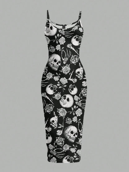 EZwear Halloween & Day Of The Dead Black N White Skull Rose Bodycon Slip Dress,Summer Goth Full-Length Midi Dress For Party Night,Y2K Streetwear Women's