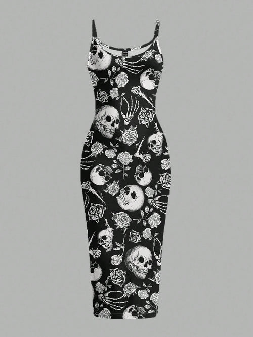 EZwear Halloween & Day Of The Dead Black N White Skull Rose Bodycon Slip Dress,Summer Goth Full-Length Midi Dress For Party Night,Y2K Streetwear Women's