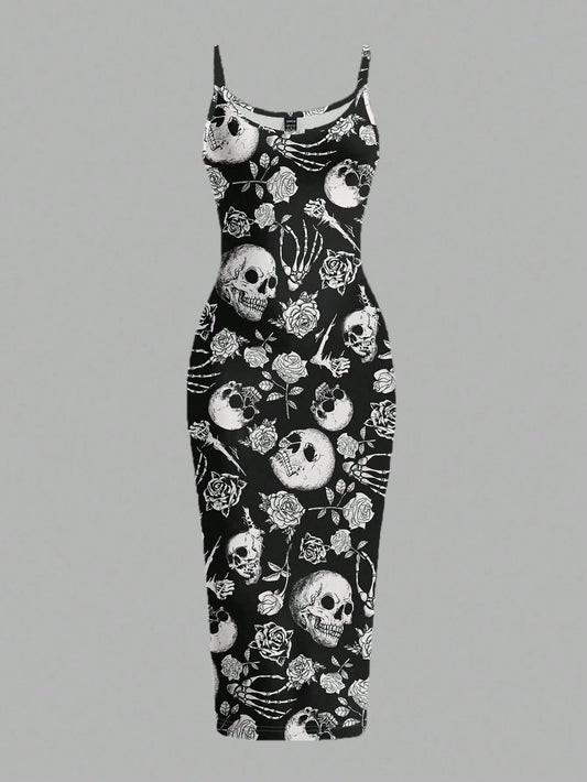 EZwear Halloween & Day Of The Dead Black N White Skull Rose Bodycon Slip Dress,Summer Goth Full-Length Midi Dress For Party Night,Y2K Streetwear Women's