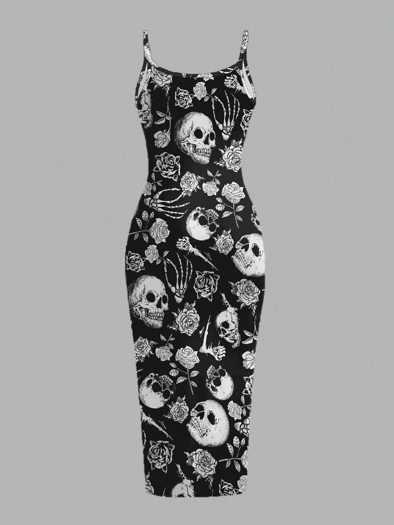 EZwear Halloween & Day Of The Dead Black N White Skull Rose Bodycon Slip Dress,Summer Goth Full-Length Midi Dress For Party Night,Y2K Streetwear Women's