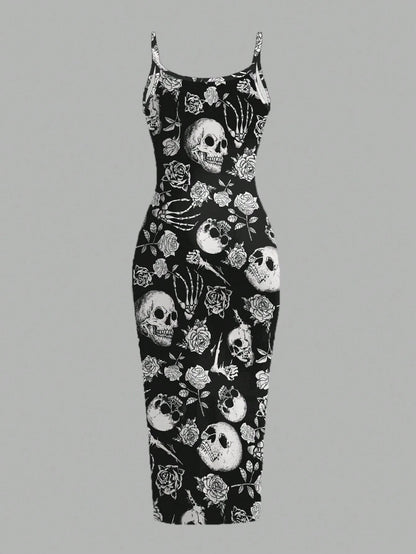 EZwear Halloween & Day Of The Dead Black N White Skull Rose Bodycon Slip Dress,Summer Goth Full-Length Midi Dress For Party Night,Y2K Streetwear Women's