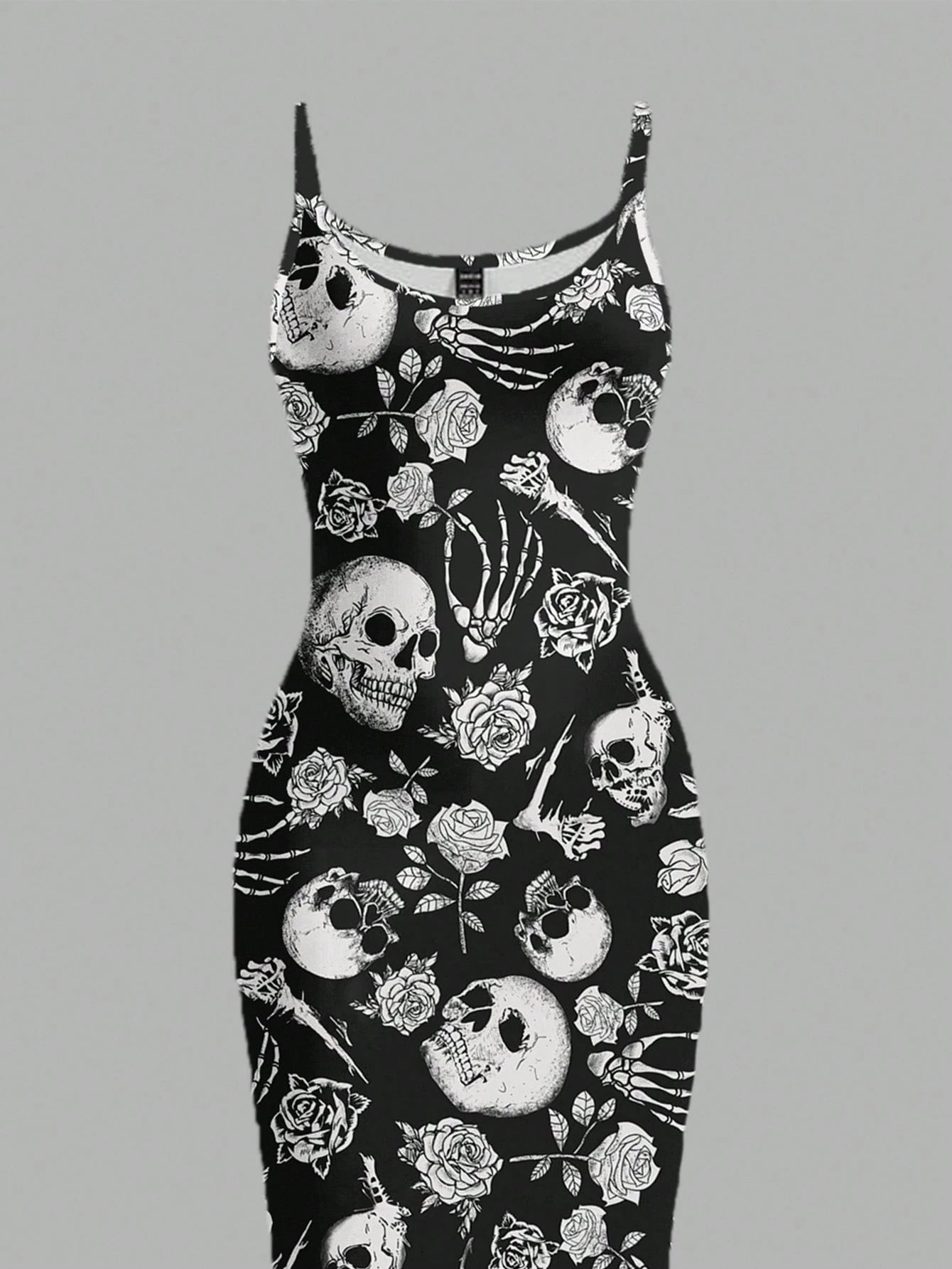 EZwear Halloween & Day Of The Dead Black N White Skull Rose Bodycon Slip Dress,Summer Goth Full-Length Midi Dress For Party Night,Y2K Streetwear Women's
