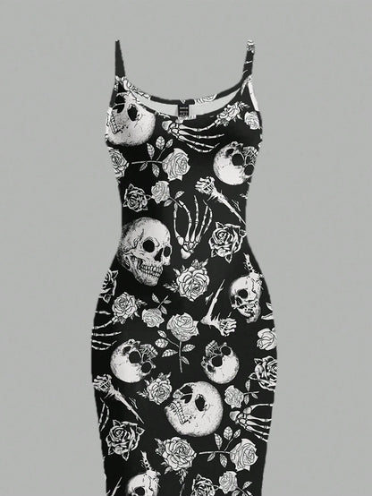 EZwear Halloween & Day Of The Dead Black N White Skull Rose Bodycon Slip Dress,Summer Goth Full-Length Midi Dress For Party Night,Y2K Streetwear Women's
