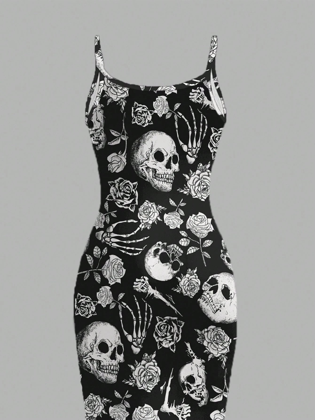 EZwear Halloween & Day Of The Dead Black N White Skull Rose Bodycon Slip Dress,Summer Goth Full-Length Midi Dress For Party Night,Y2K Streetwear Women's