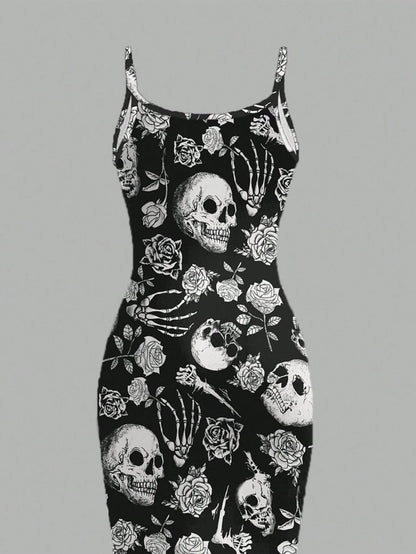 EZwear Halloween & Day Of The Dead Black N White Skull Rose Bodycon Slip Dress,Summer Goth Full-Length Midi Dress For Party Night,Y2K Streetwear Women's