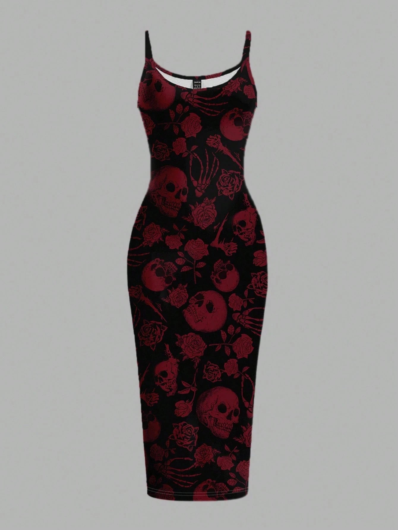 EZwear Halloween & Day Of The Dead Black N White Skull Rose Bodycon Slip Dress,Summer Goth Full-Length Midi Dress For Party Night,Y2K Streetwear Women's