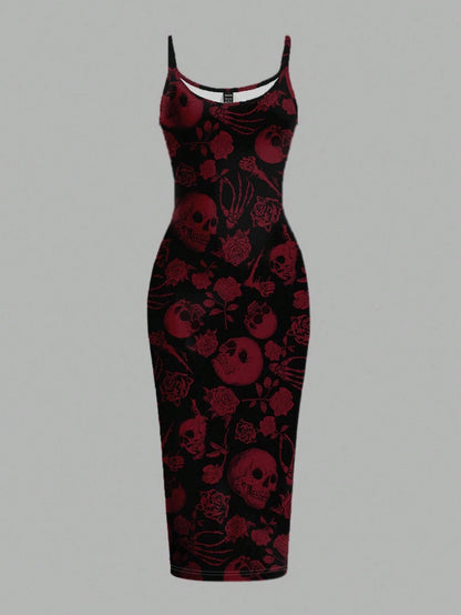 EZwear Halloween & Day Of The Dead Black N White Skull Rose Bodycon Slip Dress,Summer Goth Full-Length Midi Dress For Party Night,Y2K Streetwear Women's