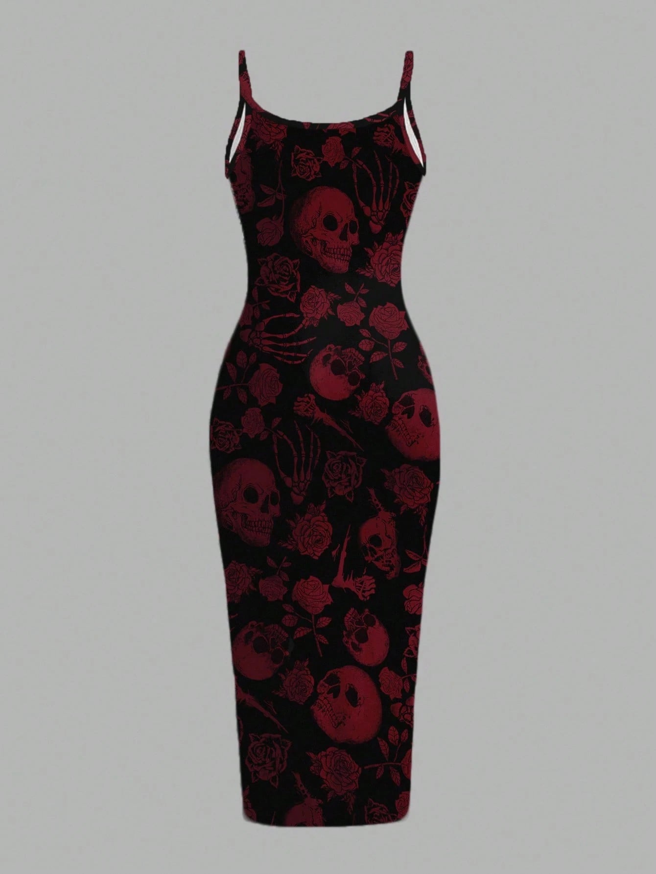 EZwear Halloween & Day Of The Dead Black N White Skull Rose Bodycon Slip Dress,Summer Goth Full-Length Midi Dress For Party Night,Y2K Streetwear Women's
