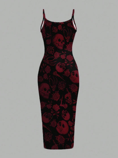EZwear Halloween & Day Of The Dead Black N White Skull Rose Bodycon Slip Dress,Summer Goth Full-Length Midi Dress For Party Night,Y2K Streetwear Women's