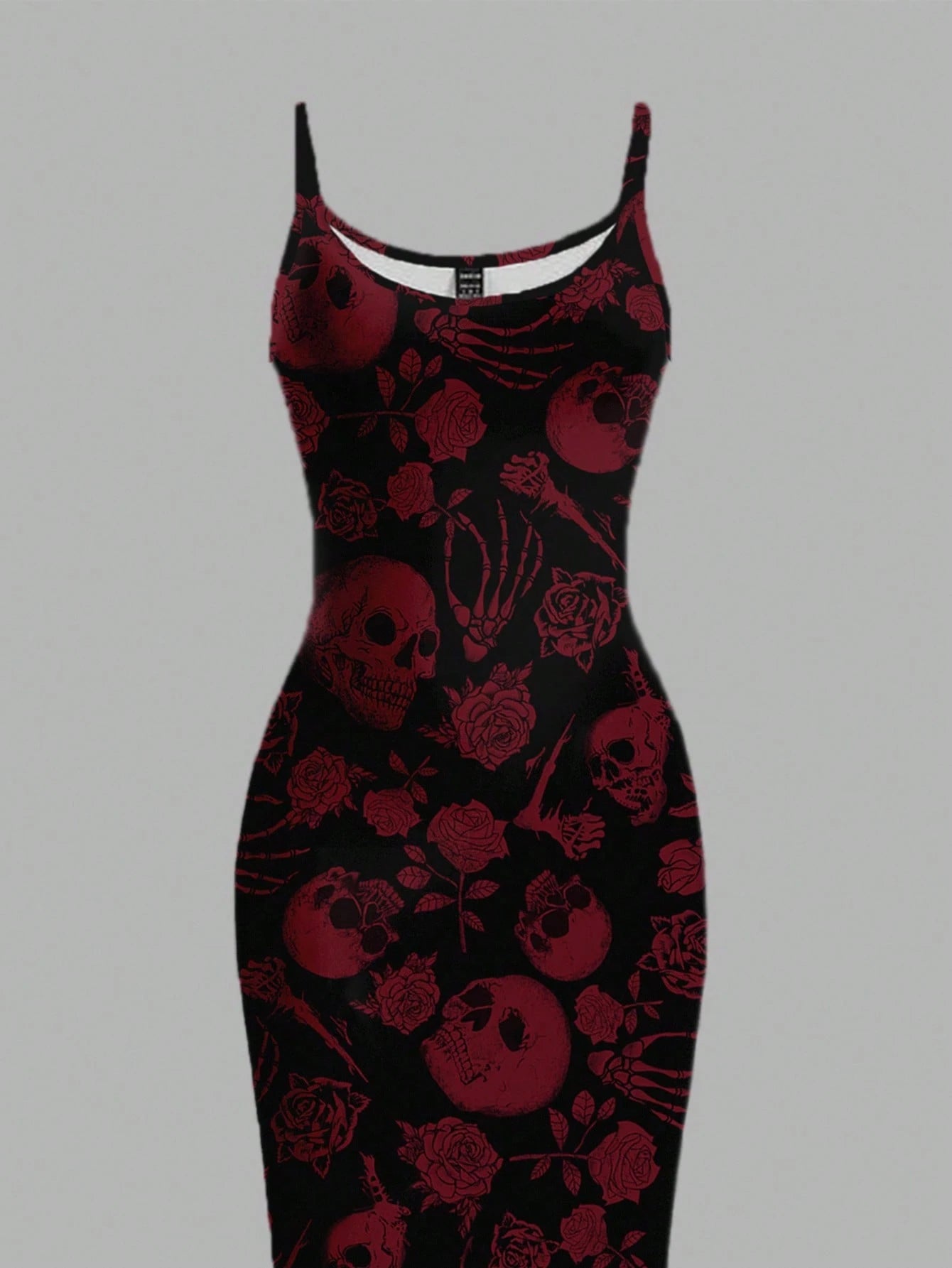 EZwear Halloween & Day Of The Dead Black N White Skull Rose Bodycon Slip Dress,Summer Goth Full-Length Midi Dress For Party Night,Y2K Streetwear Women's