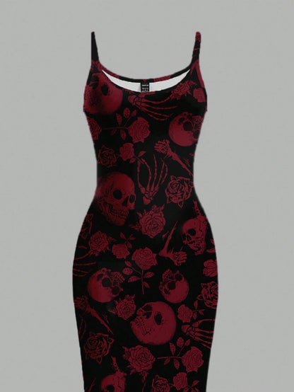 EZwear Halloween & Day Of The Dead Black N White Skull Rose Bodycon Slip Dress,Summer Goth Full-Length Midi Dress For Party Night,Y2K Streetwear Women's