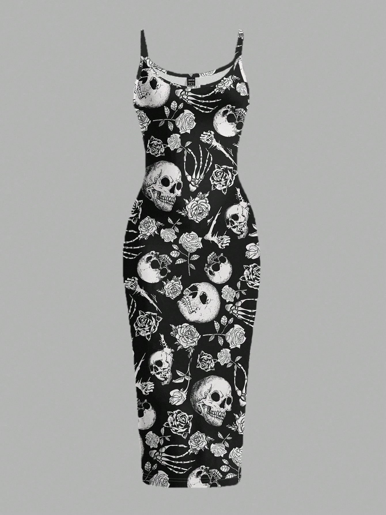 EZwear Halloween & Day Of The Dead Black N White Skull Rose Bodycon Slip Dress,Summer Goth Full-Length Midi Dress For Party Night,Y2K Streetwear Women's