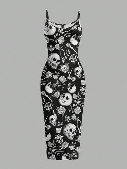 EZwear Halloween & Day Of The Dead Black N White Skull Rose Bodycon Slip Dress,Summer Goth Full-Length Midi Dress For Party Night,Y2K Streetwear Women's