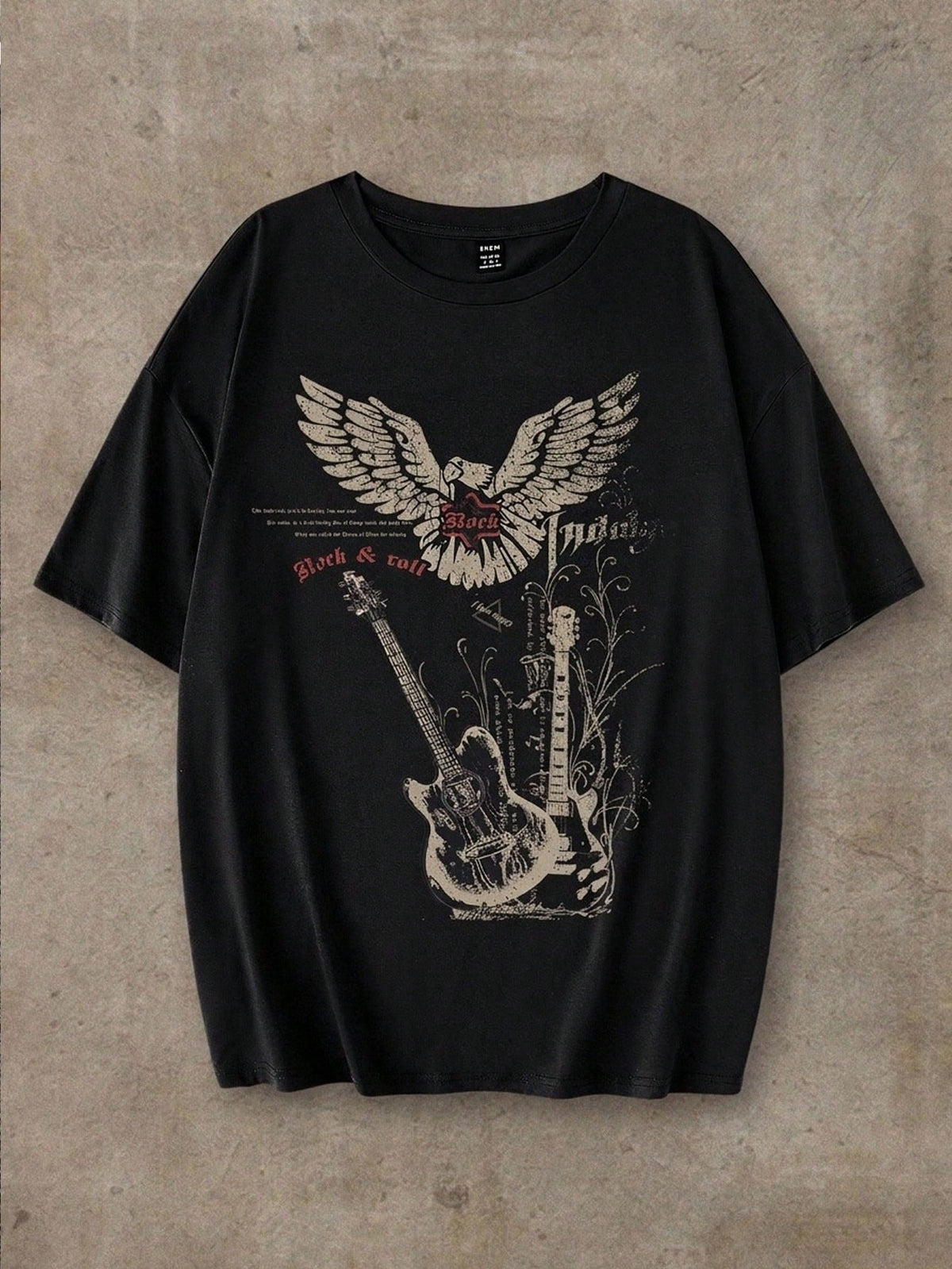 EZwear Oversized Music Festival Guitar & Eagle Graphic Round Neck Short Sleeve Loose T-Shirt, Cotton Blend, Summer Back To School