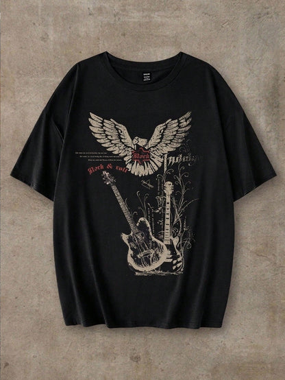 EZwear Oversized Music Festival Guitar & Eagle Graphic Round Neck Short Sleeve Loose T-Shirt, Cotton Blend, Summer Back To School