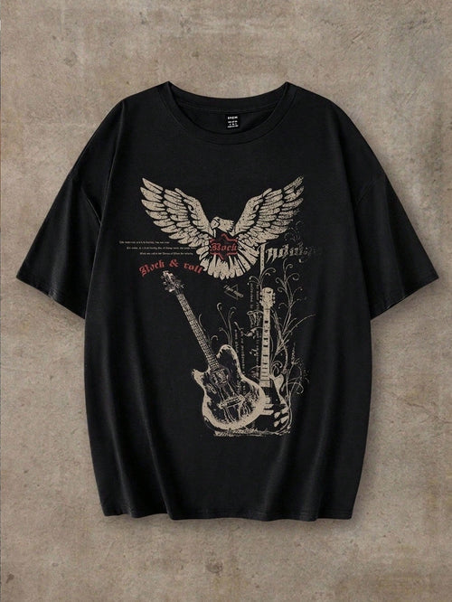 EZwear Oversized Music Festival Guitar & Eagle Graphic Round Neck Short Sleeve Loose T-Shirt, Cotton Blend, Summer Back To School
