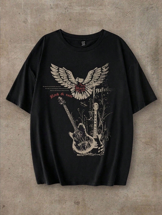 EZwear Oversized Music Festival Guitar & Eagle Graphic Round Neck Short Sleeve Loose T-Shirt, Cotton Blend, Summer Back To School