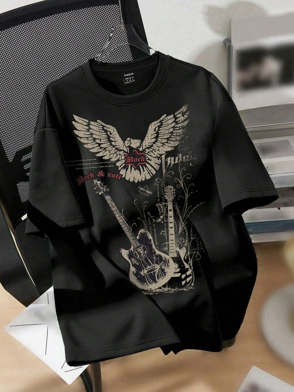 EZwear Oversized Music Festival Guitar & Eagle Graphic Round Neck Short Sleeve Loose T-Shirt, Cotton Blend, Summer Back To School