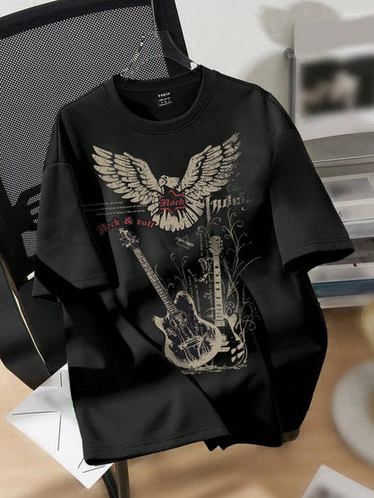EZwear Oversized Music Festival Guitar & Eagle Graphic Round Neck Short Sleeve Loose T-Shirt, Cotton Blend, Summer Back To School
