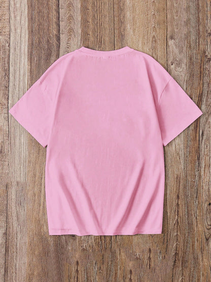 EZwear Plus Size Casual Minimalist Pink English Text Embossed Pattern Round Neck Short Sleeve Loose Fit Plus Size T-Shirt