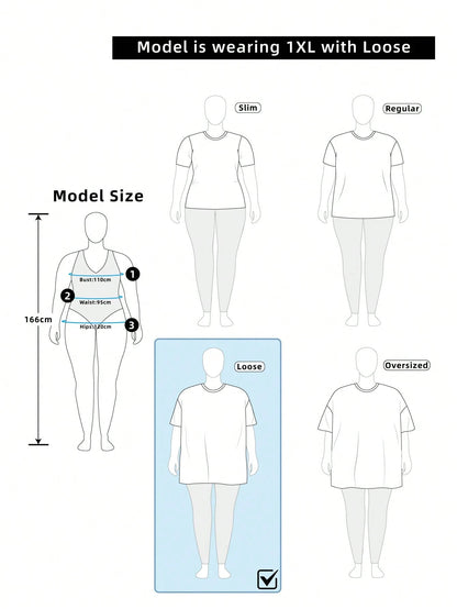 EZwear Plus Size Casual Minimalist Pink English Text Embossed Pattern Round Neck Short Sleeve Loose Fit Plus Size T-Shirt
