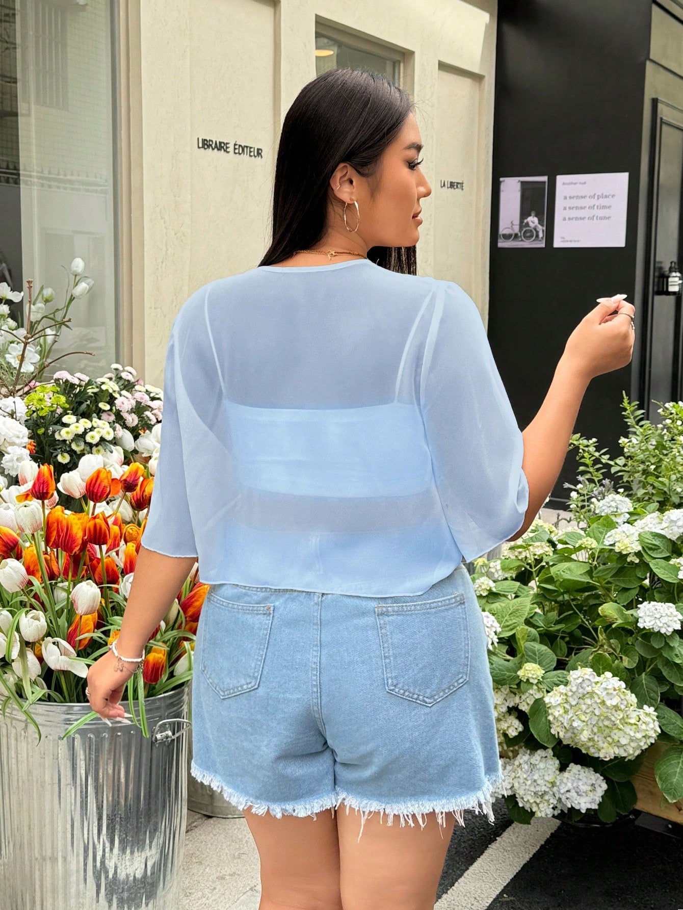 EZwear Plus Size Light Blue Sheer Summer Holiday Jacket, Spring/Summer