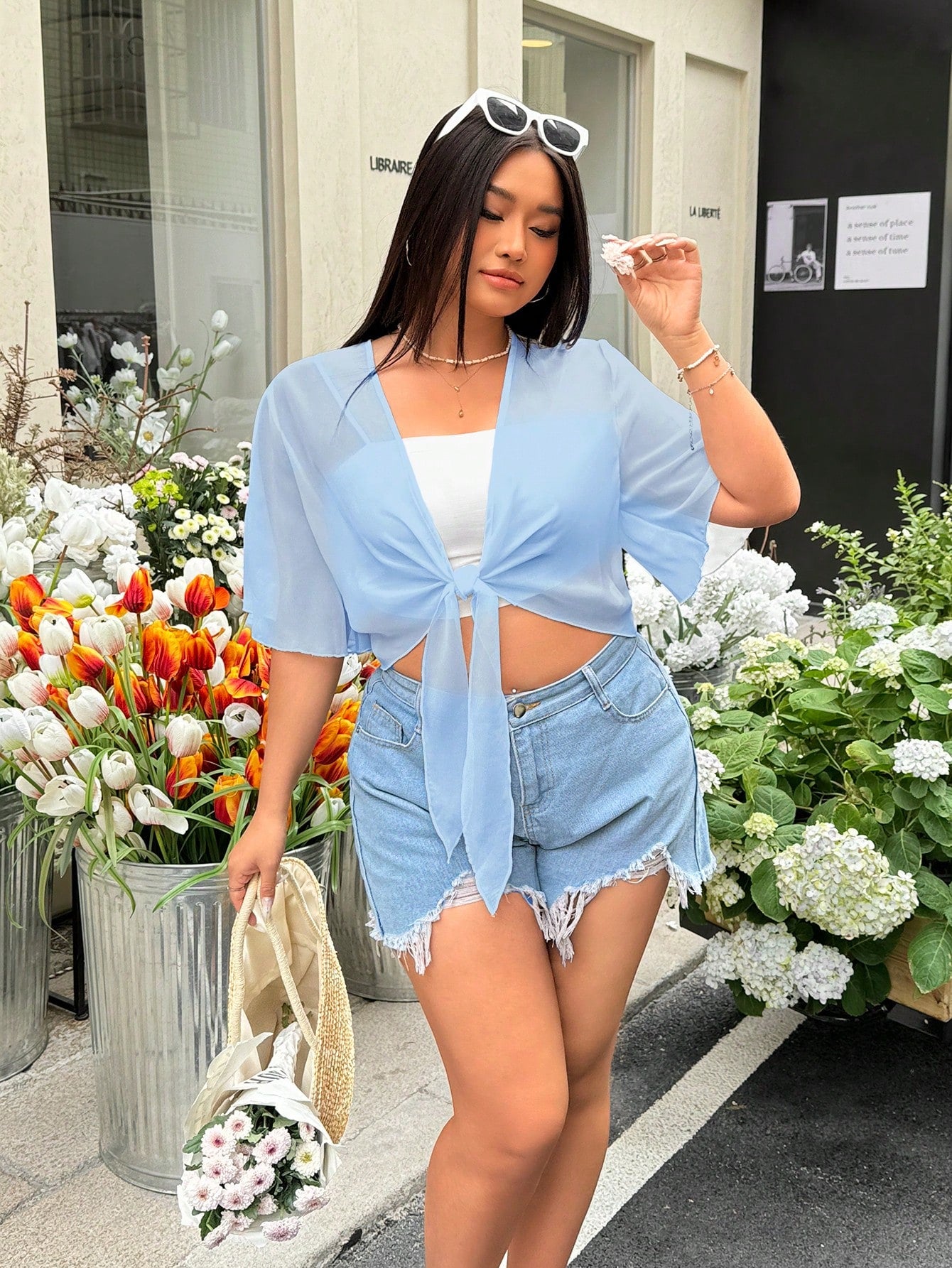 EZwear Plus Size Light Blue Sheer Summer Holiday Jacket, Spring/Summer