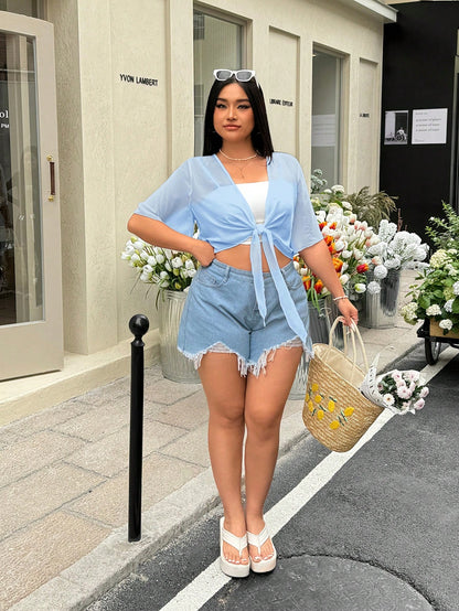 EZwear Plus Size Light Blue Sheer Summer Holiday Jacket, Spring/Summer