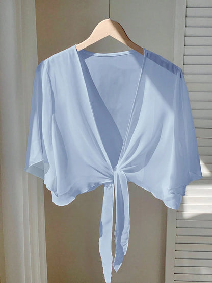 EZwear Plus Size Light Blue Sheer Summer Holiday Jacket, Spring/Summer