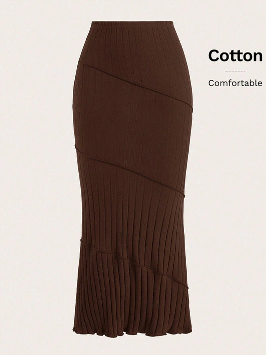EZwear Solid Mermaid Hem Ribbed Knit Skirt