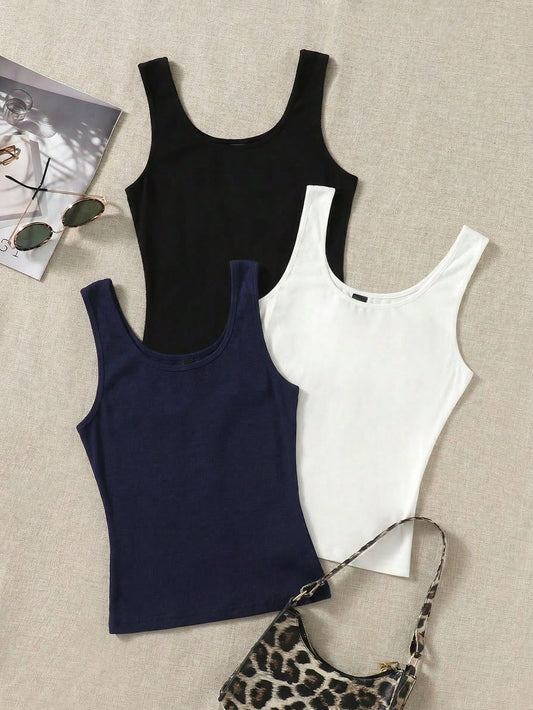EZwear Summer Outfits 3pcs Solid Tank Top Women's Vest Tops Basic For Women Cotton Yoga Tanktops Knitted Ribbed Plain Latest New Arrivals Basics Clothes