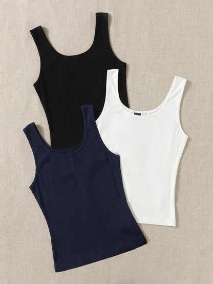 EZwear Summer Outfits 3pcs Solid Tank Top Women's Vest Tops Basic For Women Cotton Yoga Tanktops Knitted Ribbed Plain Latest New Arrivals Basics Clothes