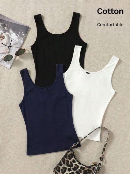 EZwear Summer Outfits 3pcs Solid Tank Top Women's Vest Tops Basic For Women Cotton Yoga Tanktops Knitted Ribbed Plain Latest New Arrivals Basics Clothes