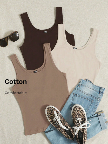 EZwear Summer Outfits 3pcs Solid Tank Top Women's Vest Tops Basic For Women Cotton Yoga Tanktops Knitted Ribbed Plain Latest New Arrivals Basics Clothes