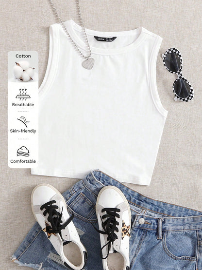 EZwear Summer Outfits Solid Round Neck Casual Tank Top