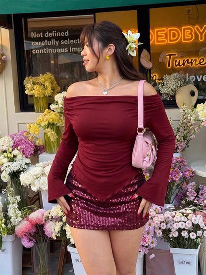 EZwear Valentine's Day,Plus Size Women Off-Shoulder Frill Trim Asymmetric Hem Elegant Long Sleeve Blouse Fall