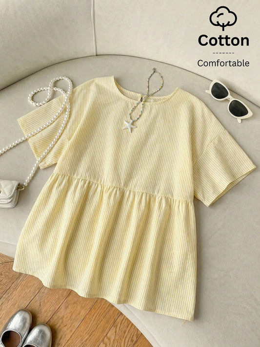 EZwear White Woven Women's Short Sleeve Shirt Picnic Summer Casual