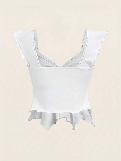 EZwear Women's 95% Cotton White Knit Ruffle Hem Sweetheart Neck Cap Sleeve Elegant T-Shirt, Rave Top