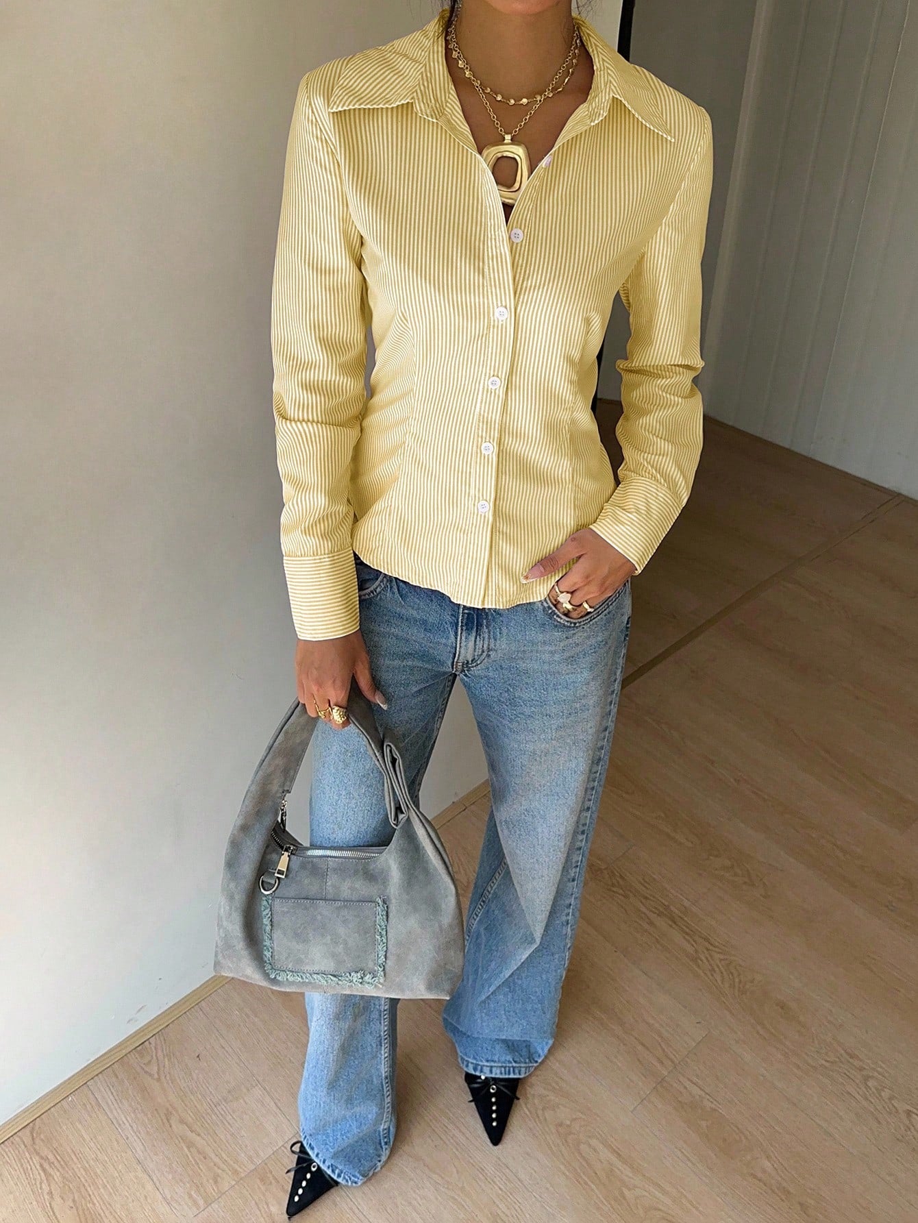 EZwear Women's Autumn New Pink Striped Tie-Waist Slim Fit Long Sleeve Shirt Yellow Yellow Striped Blouse