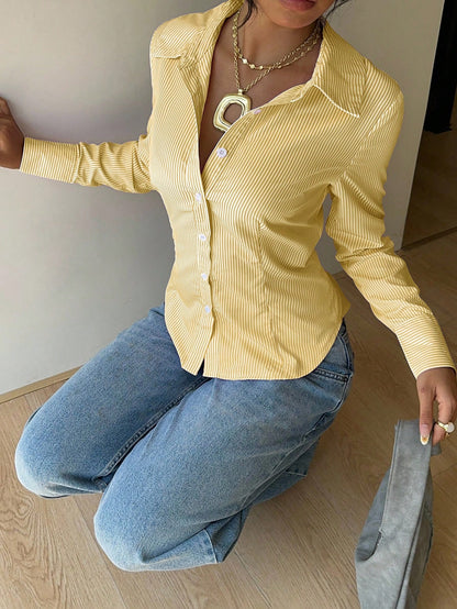 EZwear Women's Autumn New Pink Striped Tie-Waist Slim Fit Long Sleeve Shirt Yellow Yellow Striped Blouse