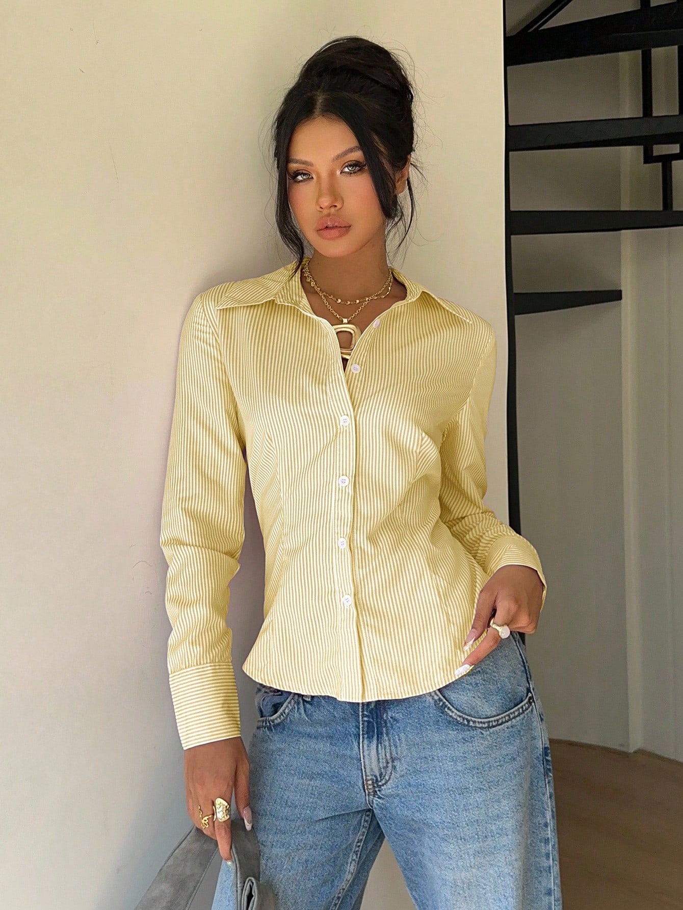 EZwear Women's Autumn New Pink Striped Tie-Waist Slim Fit Long Sleeve Shirt Yellow Yellow Striped Blouse