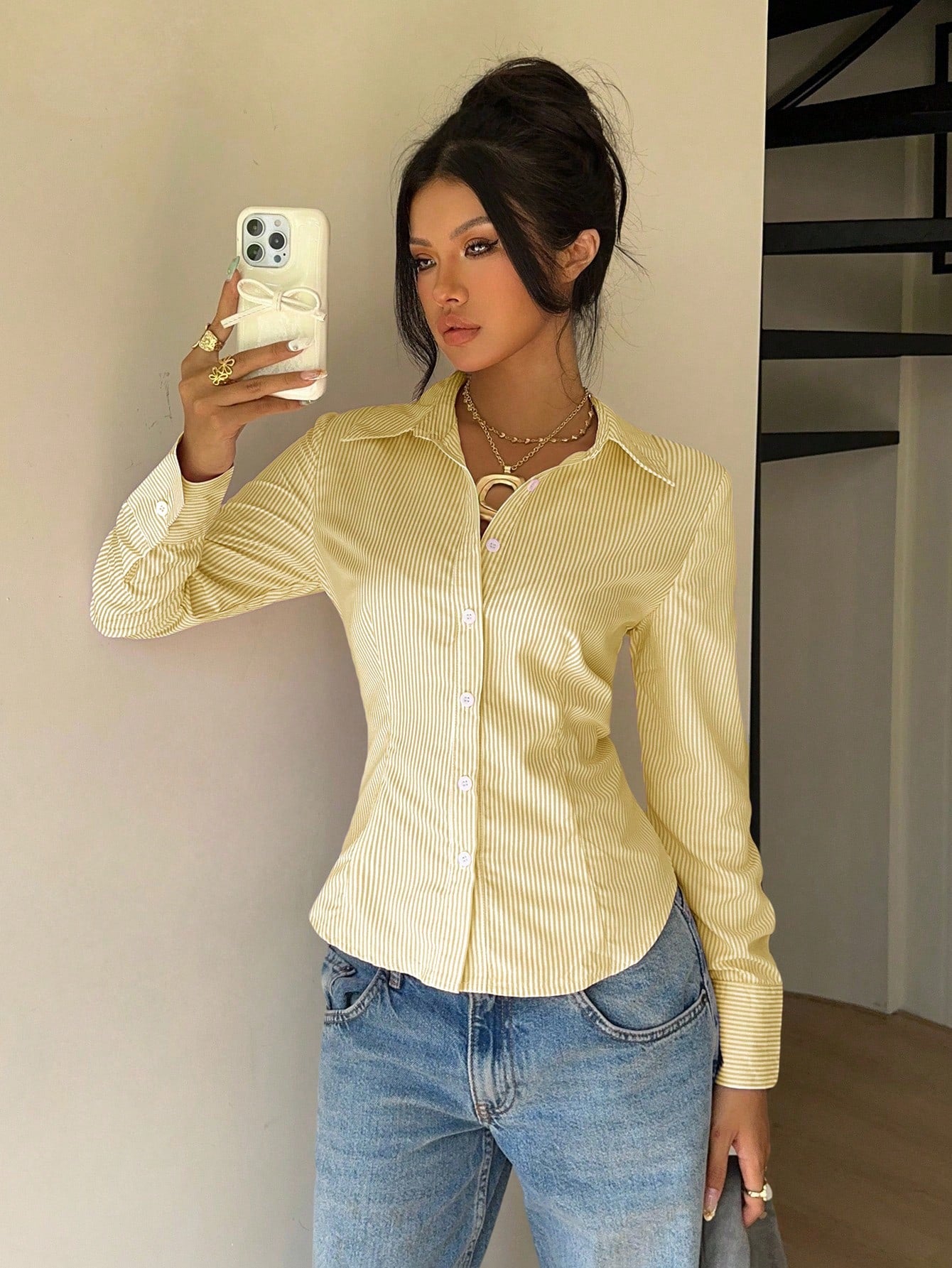 EZwear Women's Autumn New Pink Striped Tie-Waist Slim Fit Long Sleeve Shirt Yellow Yellow Striped Blouse