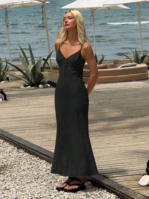 EZwear Women's Black Summer Modest Holiday Vacation Slip Dress,V-Neck Fishtail Hem Bohemian Beach Seaside Lace-Up Slim Adjustable Strap Long Wedding Guest